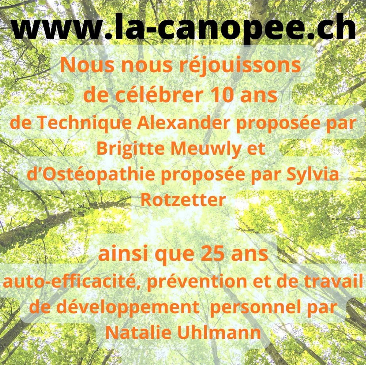 Flyer : 10 ans de Technique Alexander et d'ostéopathie, 25 ans de développement personnel à La Canopée