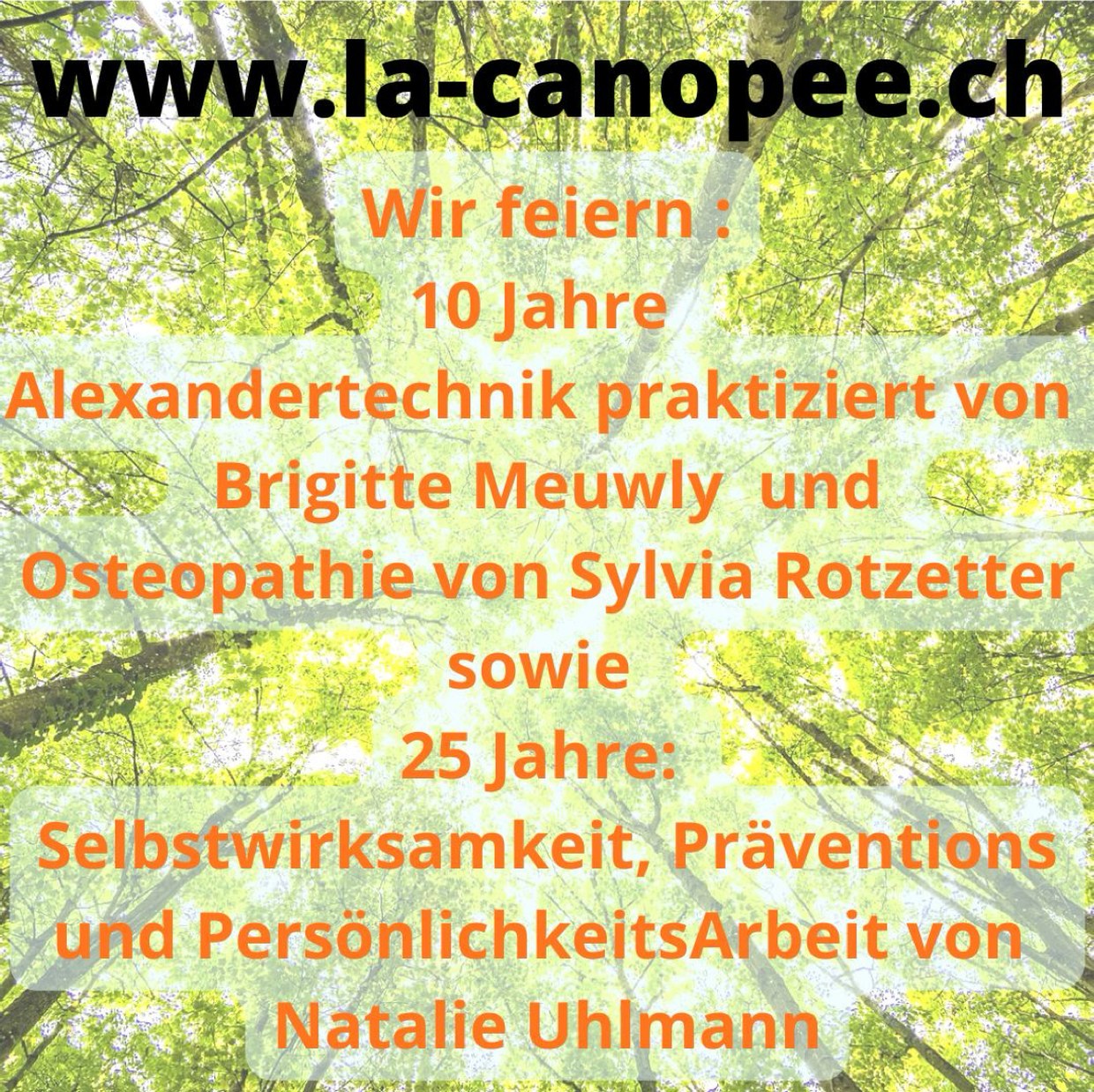 Flyer: 10 Jahre Alexandertechnik und Osteopathie, 25 Jahre PersönlichkeitsArbeit in La Canopée